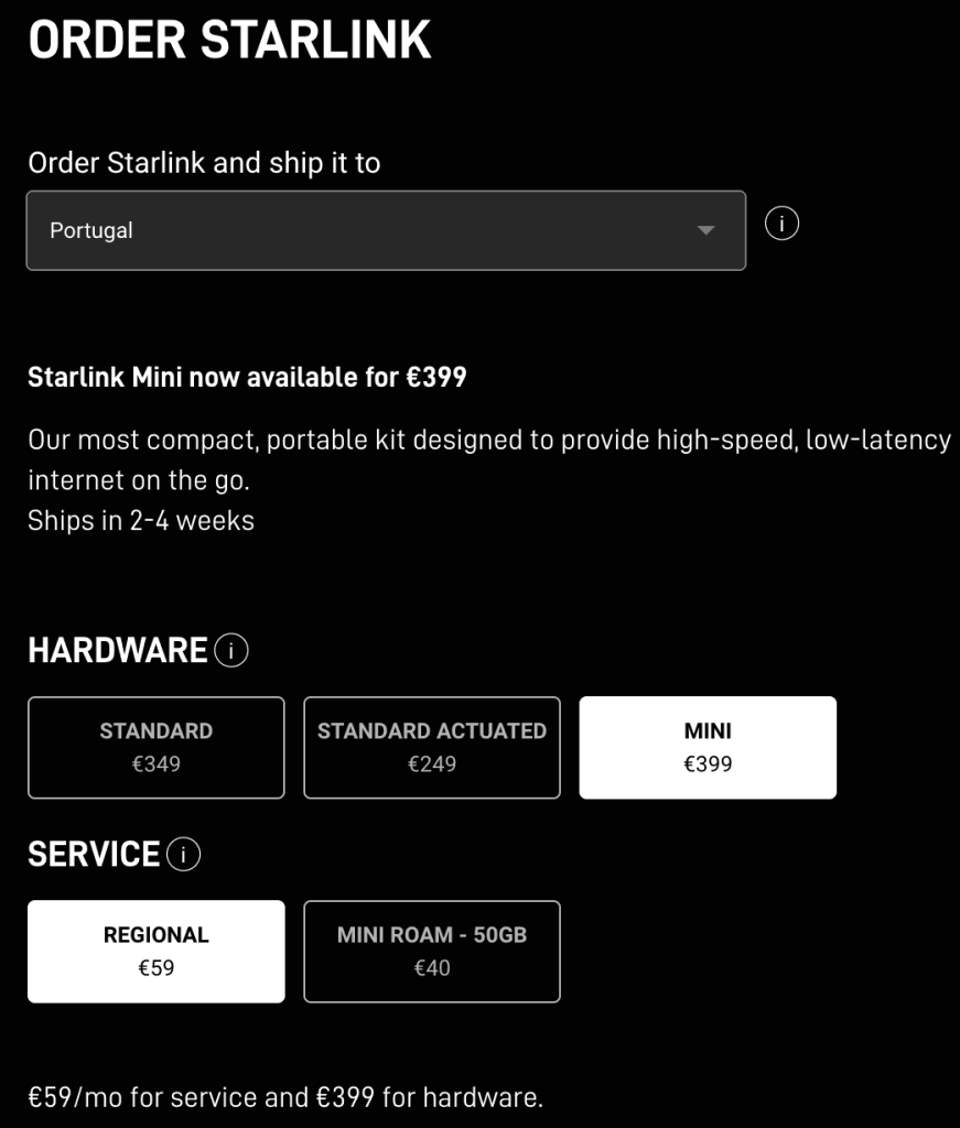 Starlink Mini Europe Plans and Pricing